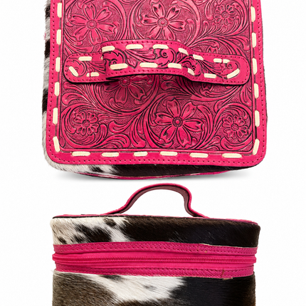 Square Tooled Leather with Cowhide Makeup Case: Pink