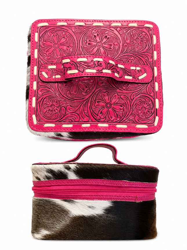 Square Tooled Leather with Cowhide Makeup Case: Pink