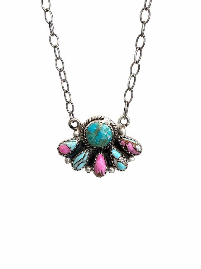 18" Sterling Silver Roystone and Cotton Candy Cluster Necklace
