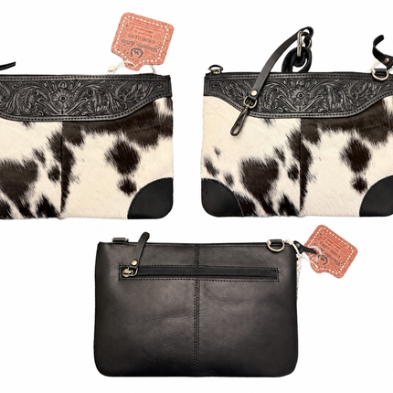Leather Purse with Tooling and Hair On Hide: Black