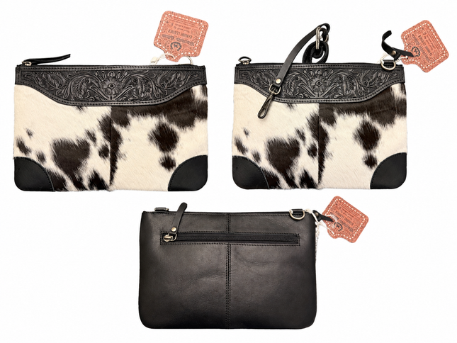 Leather Purse with Tooling and Hair On Hide: Black