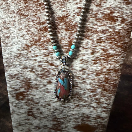 16" Western Turquoise Navajo Beaded Pendant Necklace