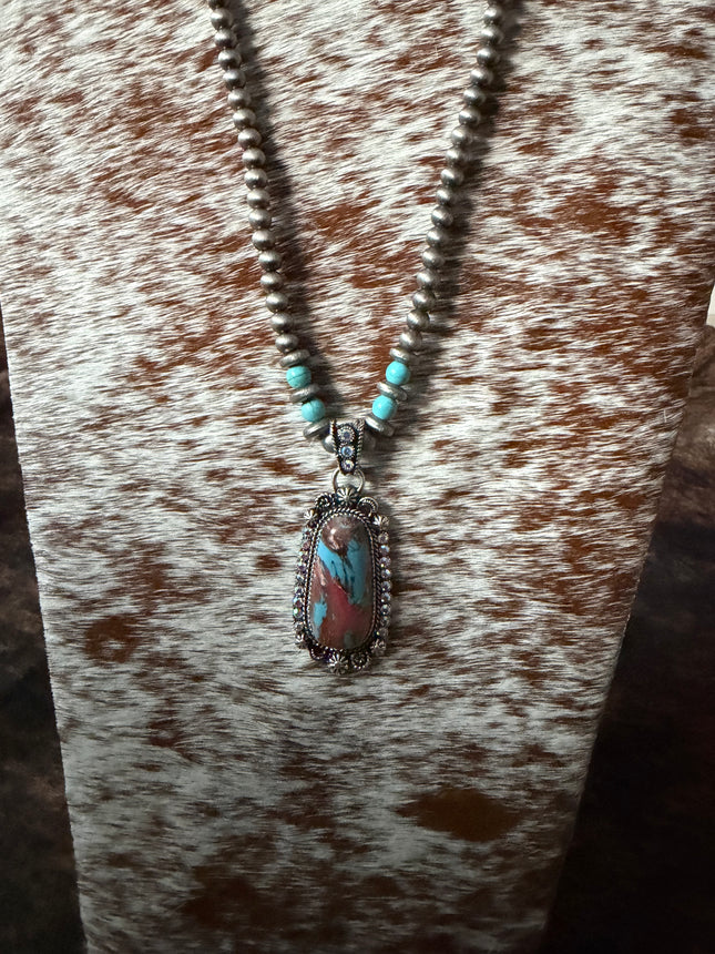 16" Western Turquoise Navajo Beaded Pendant Necklace