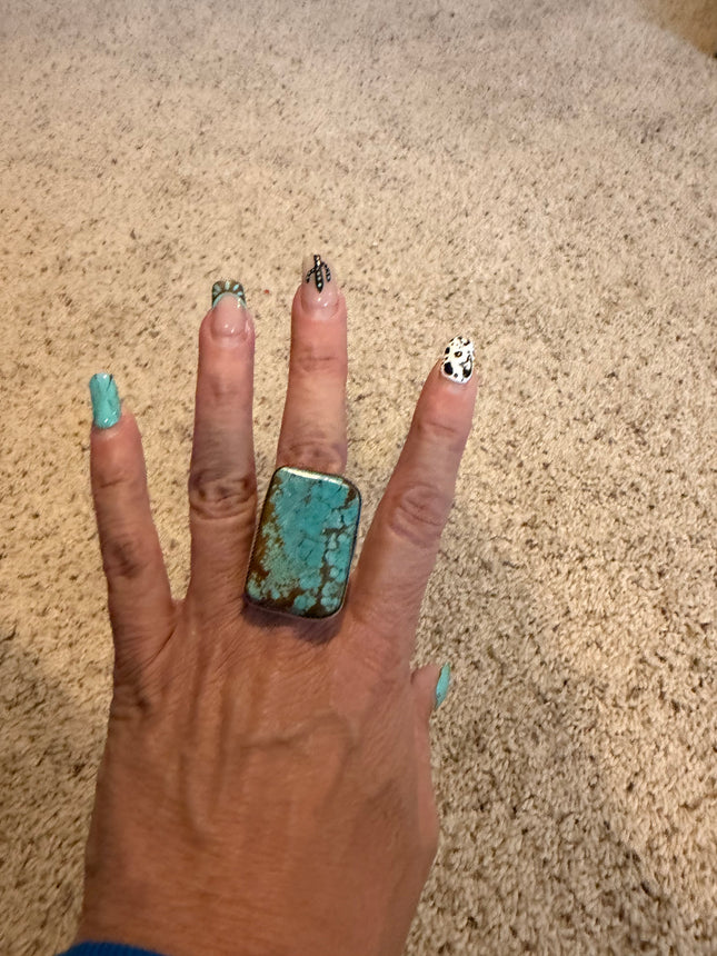Native American Made Kingman Turquoise Slab Sterling Silver Ring