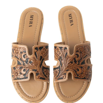 Myra Carmina Dark Leather Tooled Slides