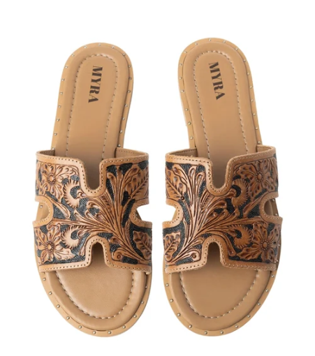 Myra Carmina Dark Leather Tooled Slides