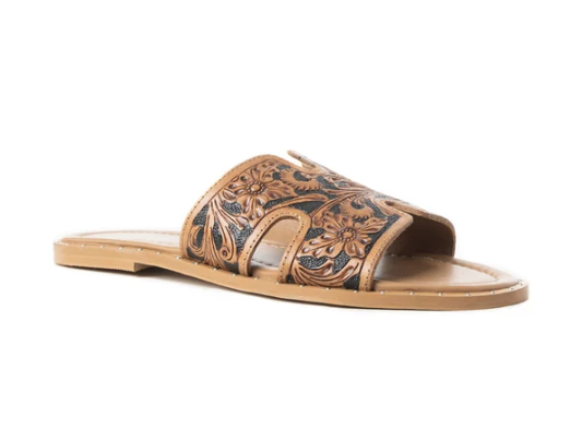 Myra Carmina Dark Leather Tooled Slides