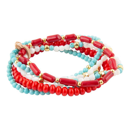 Guadalupe Blue Turquoise and Coral Golden Stretch Bracelet Set