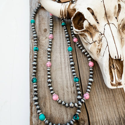 18" Western Navajo Pearl & Turquoise Stone Bead Necklace: TURQUOISE