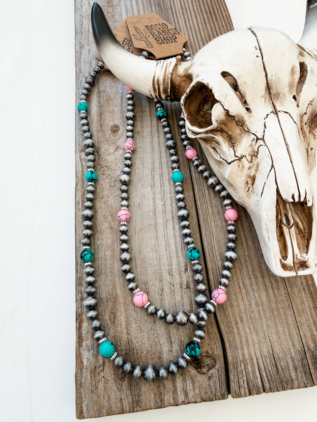 18" Western Navajo Pearl & Turquoise Stone Bead Necklace: TURQUOISE