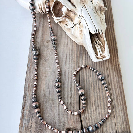 36" Western Navajo Pearl & Turquoise Stone Bead Long Necklace: Copper
