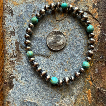 5 and 6mm Kingman Turquoise Sterling Silver Pearl Bracelet
