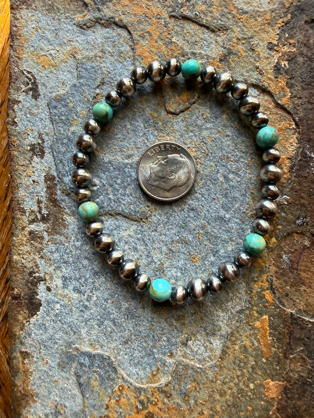5 and 6mm Kingman Turquoise Sterling Silver Pearl Bracelet