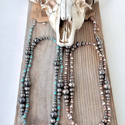 36" Western Navajo Pearl & Turquoise Stone Bead Long Necklace: Copper