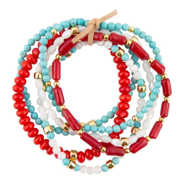 Guadalupe Blue Turquoise and Coral Golden Stretch Bracelet Set