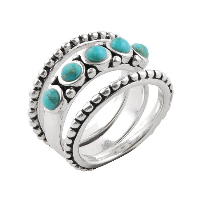 Triple Blue Turquoise and Silver Stack Ring: 7
