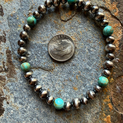 5 and 6mm Kingman Turquoise Sterling Silver Pearl Bracelet