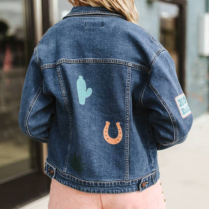 Mid Wash Western Embroidered Patch Denim Jacket: S