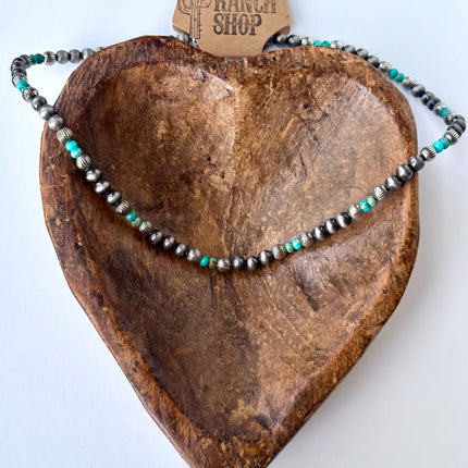 18" Western Style Navajo Pearl & Stone Bead Necklace: Turquoise