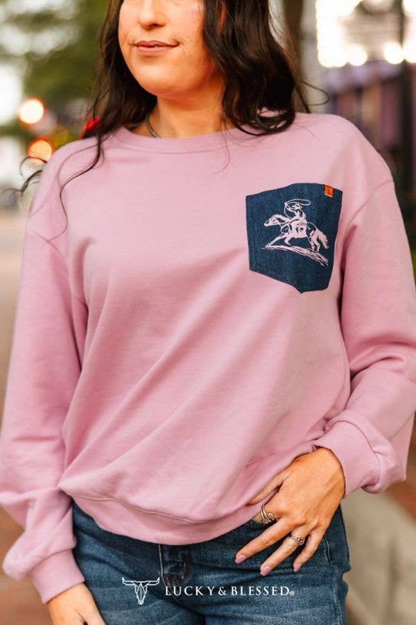 Pink Gather Wrist Denim Front Pocket Sweatshirt: L