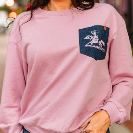 Pink Gather Wrist Denim Front Pocket Sweatshirt: S