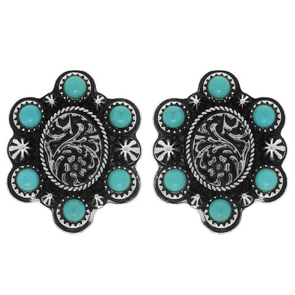 Western Turquoise Engraved Concho Stud Earrings: Gold