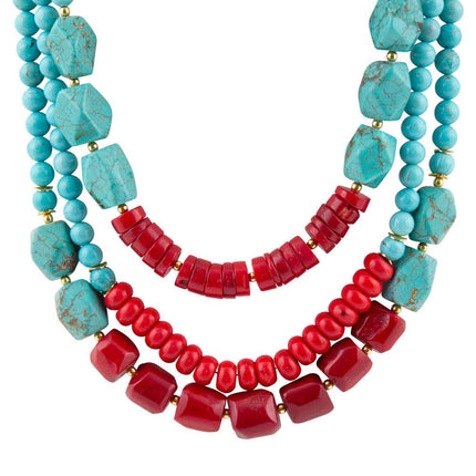 Guadalupe Blue Turquoise and Red Coral Golden Statement Necklace