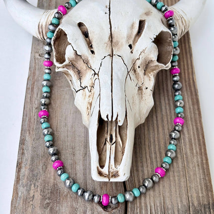 18" Western Style Turquoise Stone & Navajo Pearl Beads Necklace: Silver