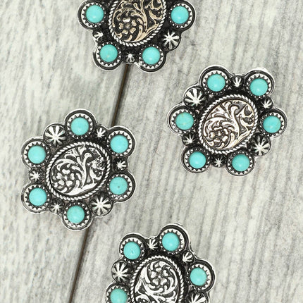 Western Turquoise Engraved Concho Stud Earrings: Gold