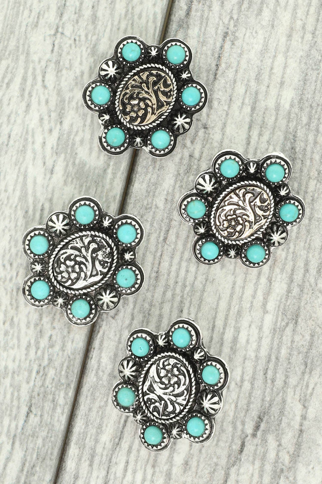Western Turquoise Engraved Concho Stud Earrings: Gold