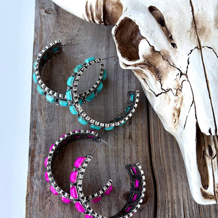 Western Style Turquoise Stone Open Hoop Earrings: Turquoise