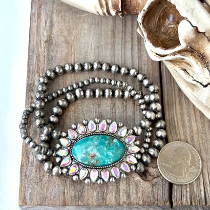 3 Layered Navajo Pearl Stretch Bracelet w/ Turquoise Stone