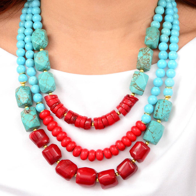 Guadalupe Blue Turquoise and Red Coral Golden Statement Necklace