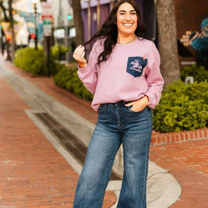 Pink Gather Wrist Denim Front Pocket Sweatshirt: L