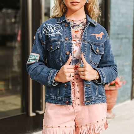 Mid Wash Western Embroidered Patch Denim Jacket: L