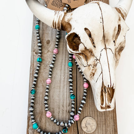 18" Western Navajo Pearl & Turquoise Stone Bead Necklace: TURQUOISE
