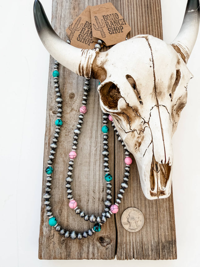 18" Western Navajo Pearl & Turquoise Stone Bead Necklace: TURQUOISE