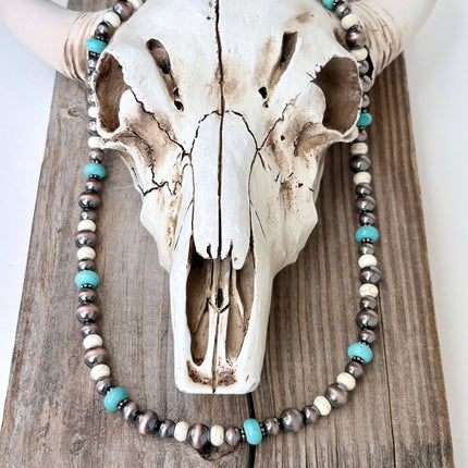 18" Western Style Turquoise Stone & Navajo Pearl Beads Necklace: Copper