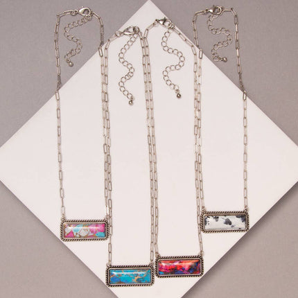 18" Western Marbled Colored Turquoise Rectangle Pendant Necklace: Pink
