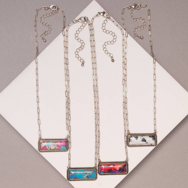 18" Western Marbled Colored Turquoise Rectangle Pendant Necklace: Pink